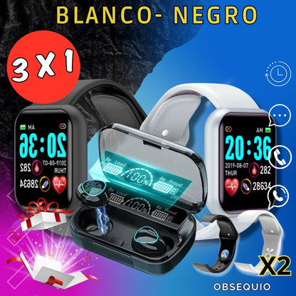 ⌚combo  x 5 piezas - 2 relojes + 1 audífonos negros  M10 + obsequio ⌚