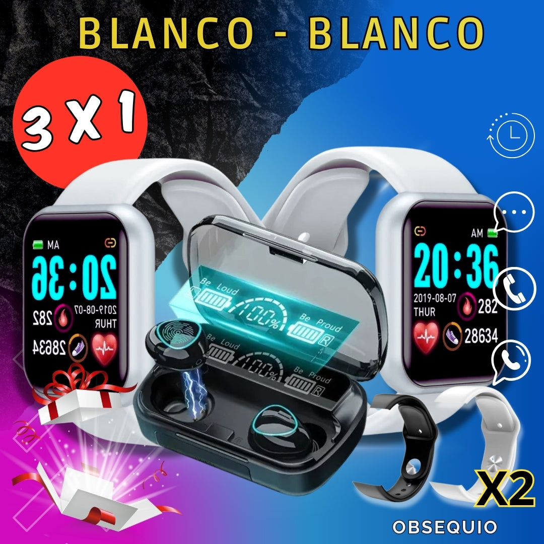 ⌚combo  x 5 piezas - 2 relojes + 1 audífonos negros  M10 + obsequio ⌚