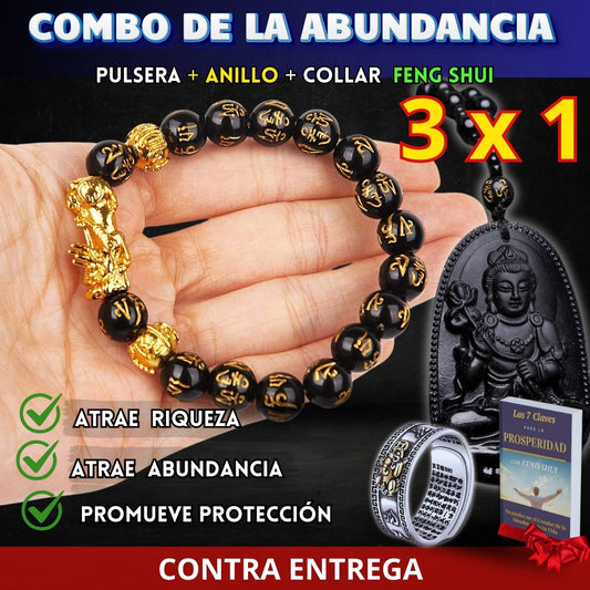 COMBO 3 X 1 PULSERA FENG SHUI + ANILLO PIXIU + COLLAR  OBSIDIANA+ 3 EBOOKS DE OBSEQUIO