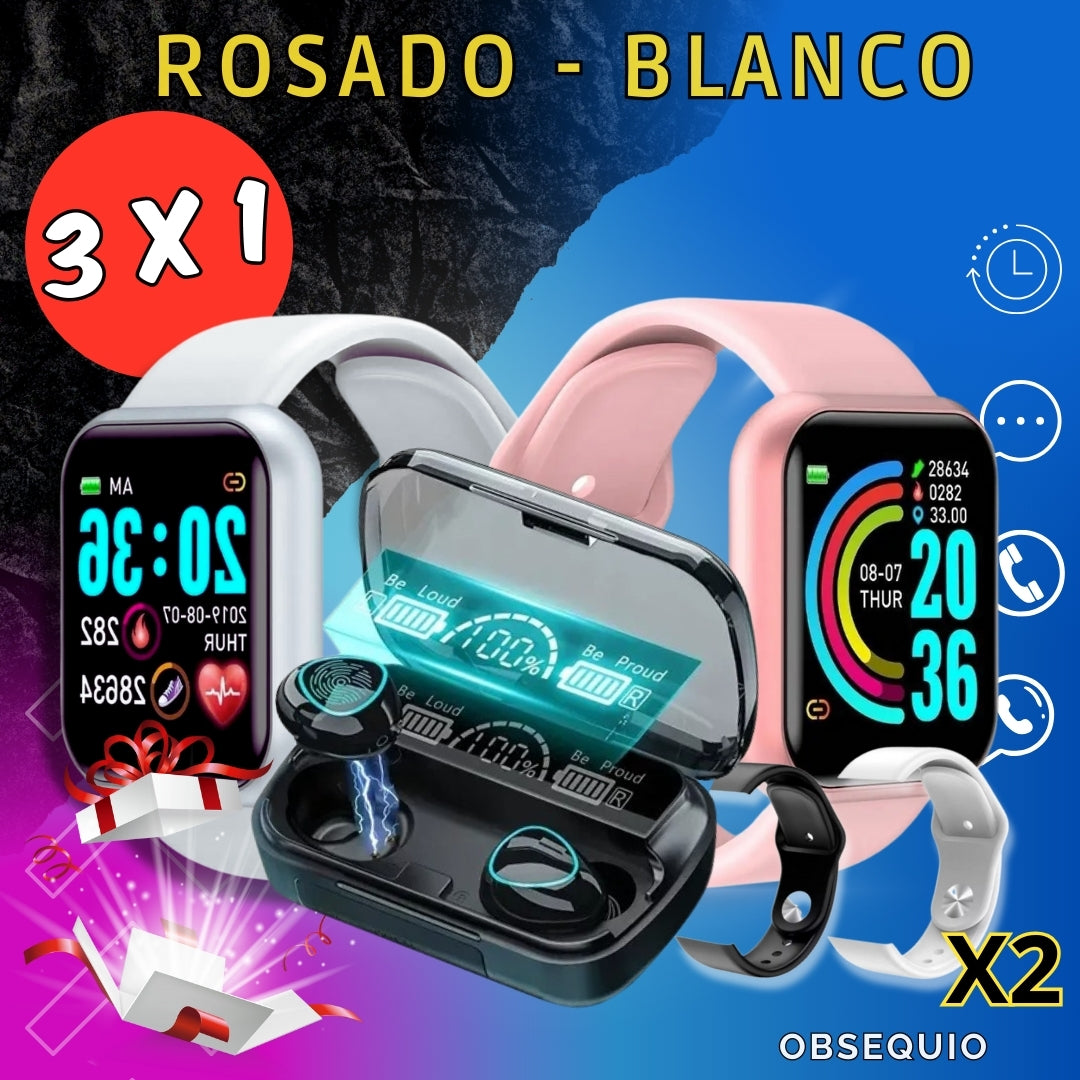 ⌚combo  x 5 piezas - 2 relojes + 1 audífonos negros  M10 + obsequio ⌚