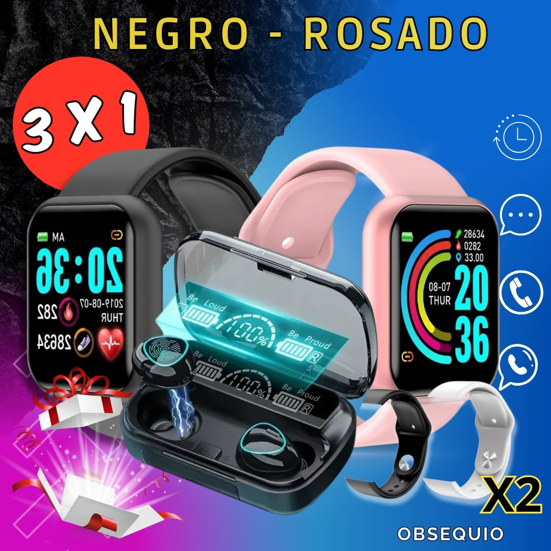 ⌚combo  x 5 piezas - 2 relojes + 1 audífonos negros  M10 + obsequio ⌚