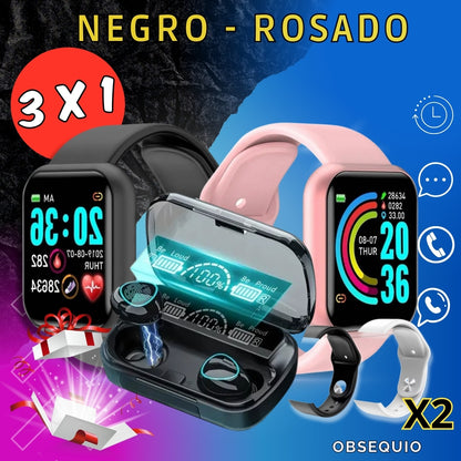 ⌚combo  x 5 piezas - 2 relojes + 1 audífonos negros  M10 + obsequio ⌚