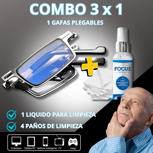 COMBO 3 X 1 GAFAS PLEGABLES ANTI LUZ AZUL+ LIQUIDO DE LIMPIEZA + 4 PAÑOS + OBSEQUIO