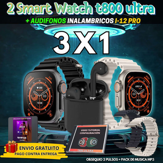 combo 3 X 1  Smart Watch T800ULTRA + audífonos I 12 PRO